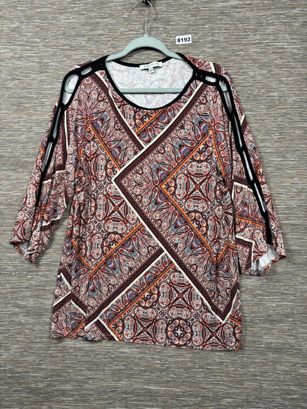 Rose-Olive Tunic Blouse Womens Sz 1X Paisley Multicolor 3/4 Sleeve Boho Peasant
